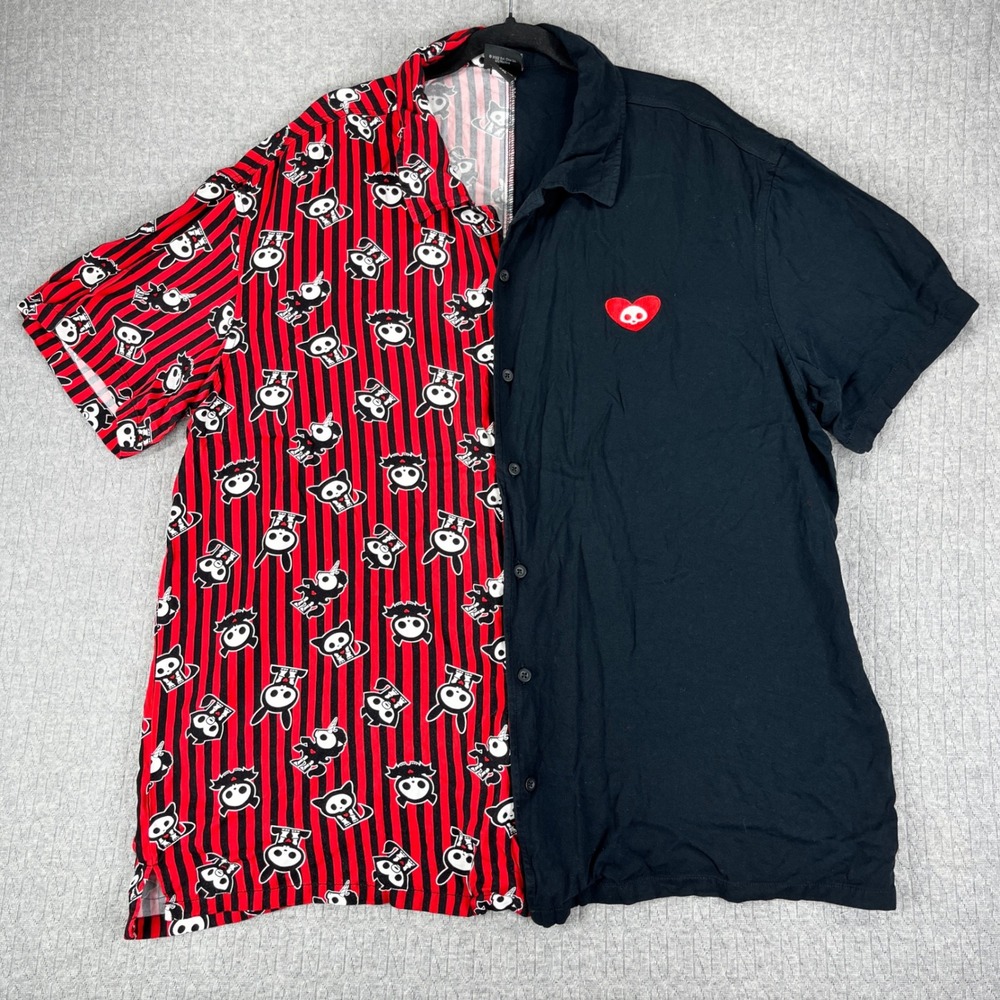Skelanimals Button Up Shirt Mens 2XL Black Red Split Striped Heart Skull Graphic